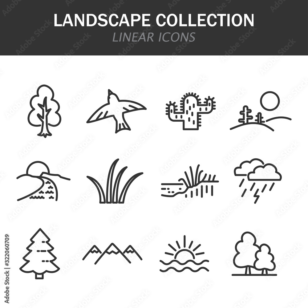 Landscape collection linear icons in black on a white background