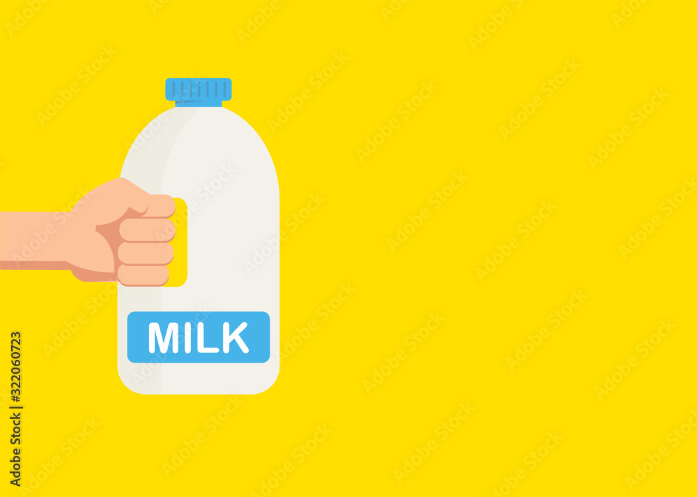 Hand hold milk plastic bottle. One hand. Vector flat cartoon illustration Hand hold milk plastic bottle. One hand. Vector flat cartoon illustration