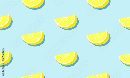 Seamless blue background with lemons slices with shadow. Vector illustration design for greeting card or template.