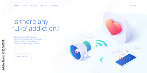 Social media marketing vector business illustration in isometric design. SMM concept background with smartphone tapping like, message and hashtag buttons. Web abnner layout template.