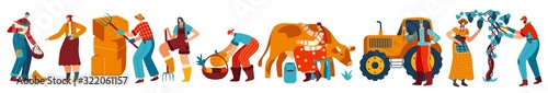 Farmers at work, set of isolated cartoon characters, vector illustration. People work on farm, woman milking cow, man stacking hay bales. Farmland workers smiling, simple and healthy life in village