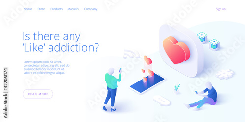 Social media addiction vector business illustration in isometric design. SMM concept background with male and female tapping like button on smartphone. Web banner layout template.