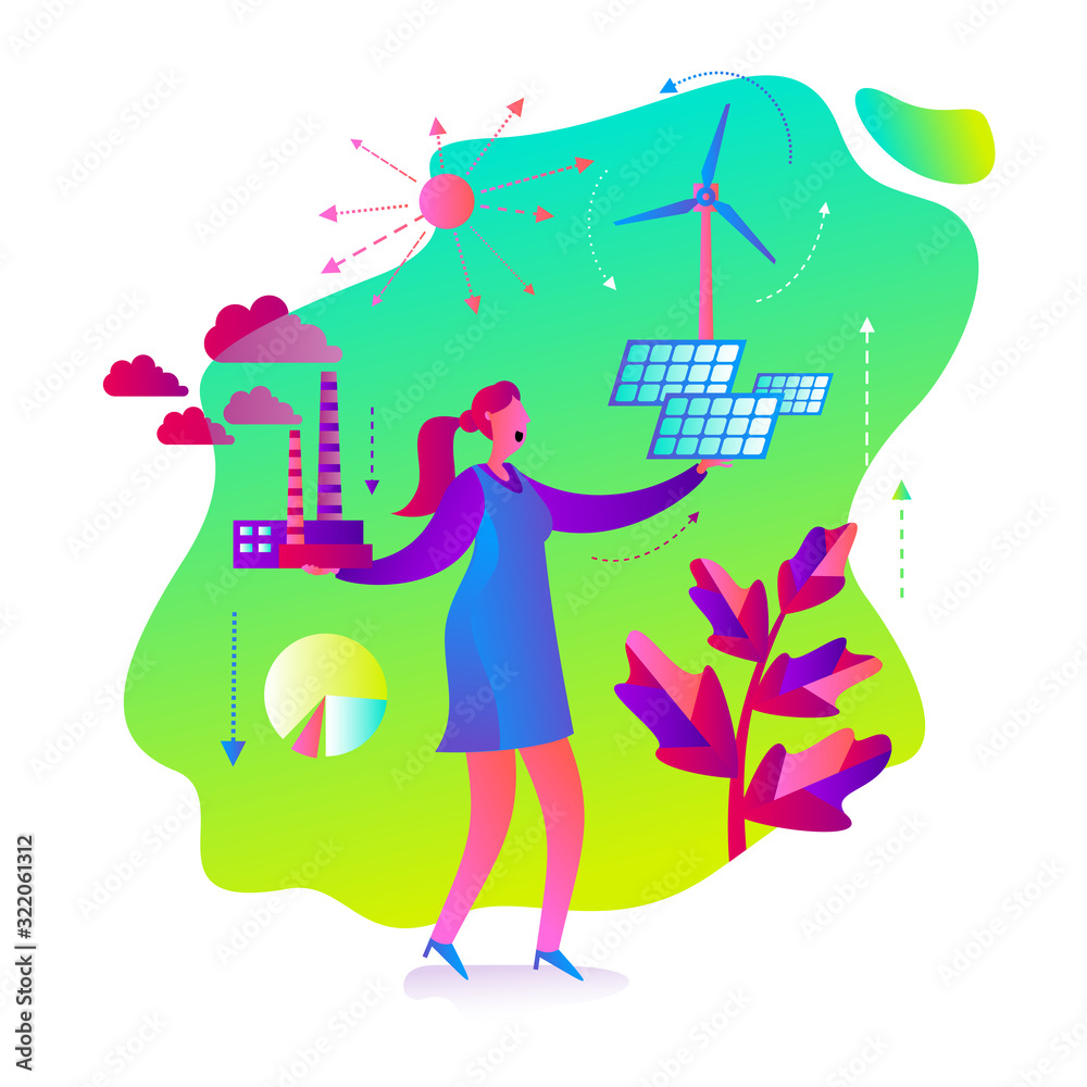Ecological illustration. Woman chooses between polluting and clean energy. Alternative types of energy. Eco city. Global warming. Environmental problem. ECO activist. Green. Solar panel, wind generato