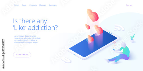 Social media addiction vector business illustration in isometric design. SMM concept background with male and female tapping like button on smartphone. Web banner layout template.