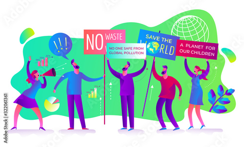 Ecological illustration.  Men and women protest against environmental pollution. No plastic, save the planet. Demonstration, rally, protest, meeting. Ecological thinking. Eco activist. Green. Ecologis