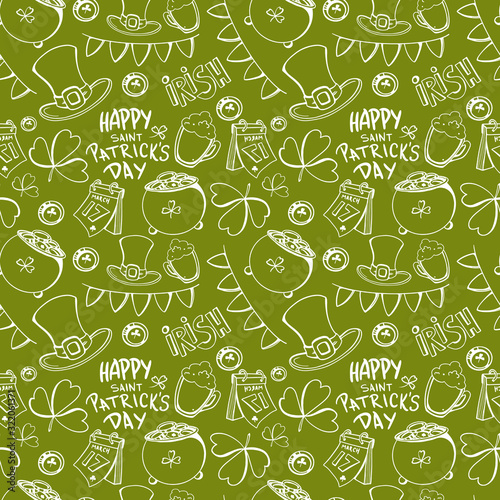 Digital illustration square seamless doodle outline pattern for St. Patrick's Day green background. Print for web, restaurants, banners, paper, scrapbooking, fabrics, cards.