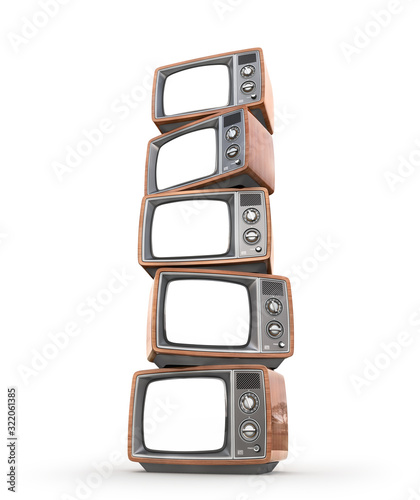 Stack of old TVs with white screens. 3d illustration