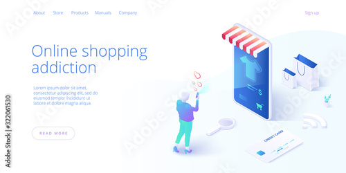 Online shopping or e-commerce isometric vector illustration. Internet store checkput procedure concept with smartphone and bag. Credit card payment transaction via app.