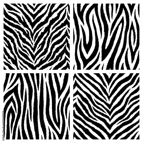 Set of 4 monochrome, black and white zebra skin fur seamless patterns. Vector wallpapers. Exotic wild animalistic skin textures. 