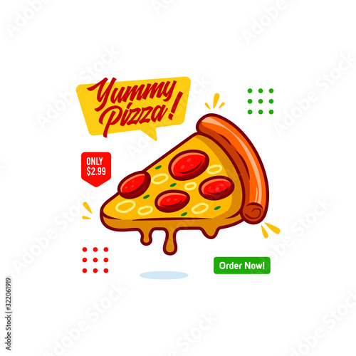 pizza yummy cartoon online web banner ads illustration with sausage icon