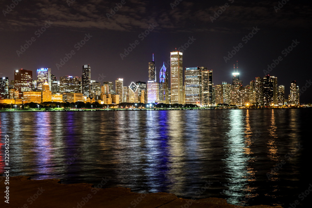 Night View to the Reflection of the Chicago City , USA