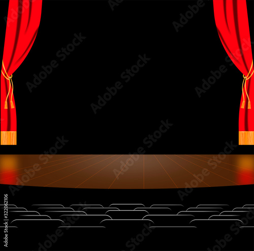 Background theater scene. Theater scene for a poster or advertisement for a site. Concert scene with seats for the viewer and reflection on scene. Vector