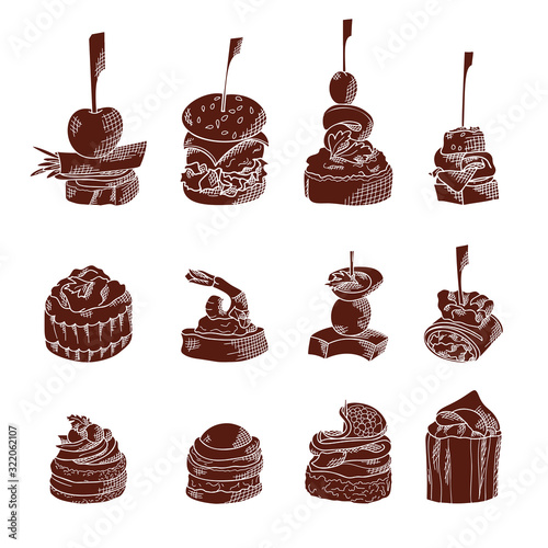 Set of finger food elements. Canape and appetizes served on sticks in sketch style. Catering service template. Vector illustration