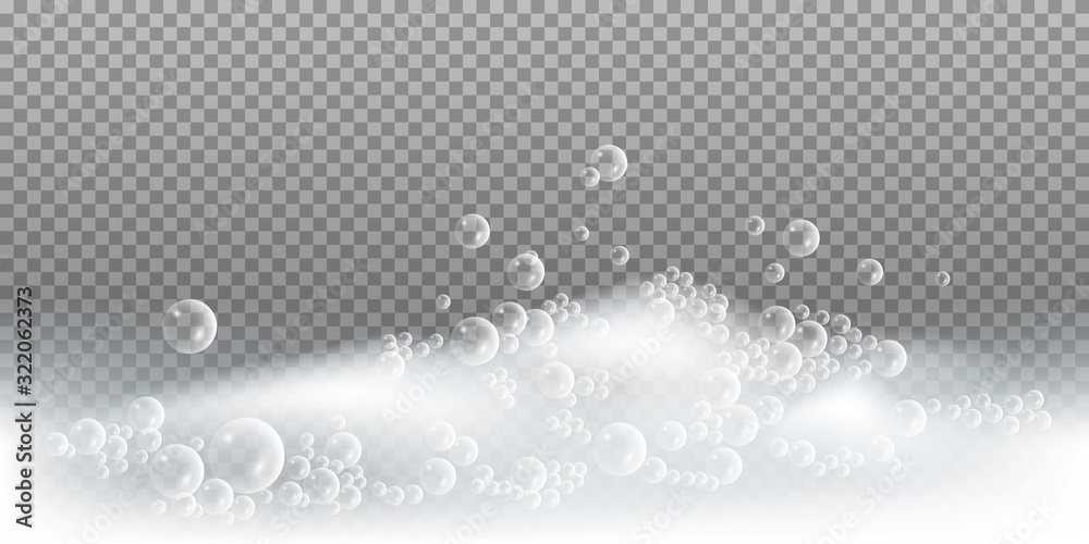 Fototapeta premium Soap foam with bubbles. Bath lather, isolated foam pattern on transparent background. Vector illustration