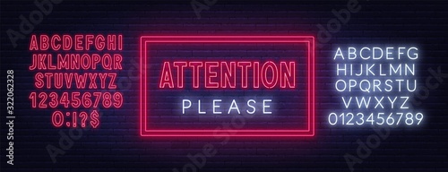 Attention please neon sign on dark background. Neon alphabet on a dark background.Vector illustration