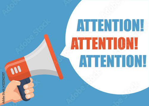 Attention - Male hand holding megaphone. Flat design. Can be used business company for social media, networks, promotion and advertising.