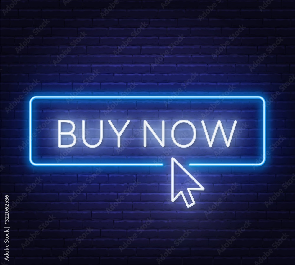 Obraz premium Buy now neon sign on dark background. Vector illustration.