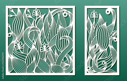 Laser cut templates, set of panels with floral pattern. Wood or metal cutting, panel decor, paper art, fretwork stencils. Vector illustration
