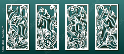 Laser cut templates, set of panels with floral pattern. Wood or metal cutting, panel decor, paper art, fretwork stencils. Vector illustration