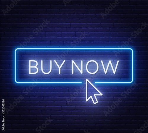 Buy now neon sign on dark background. Vector illustration.