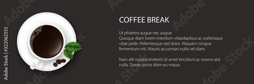 Banner of cup of coffee with coffee grains and sheets, vector illustration