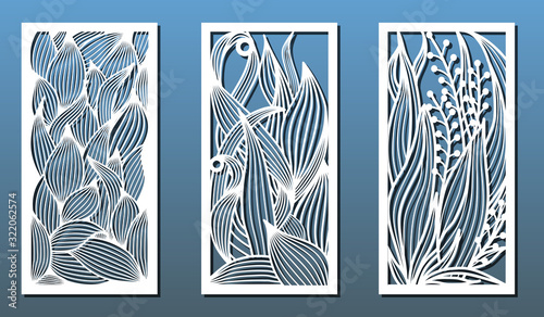 Laser cut templates, set of panels with floral pattern. Wood or metal cutting, panel decor, paper art, fretwork stencils. Vector illustration