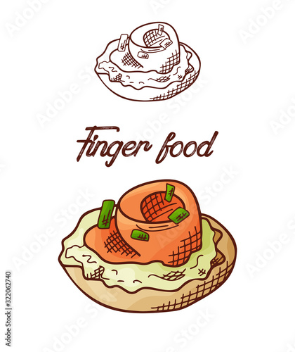 Hand drawn finger food element. Appetizers served in sketch style. Bruchetta in isolated white background. Vector illustration