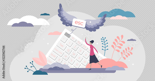 Escape button creative concept, flat tiny person vector illustration