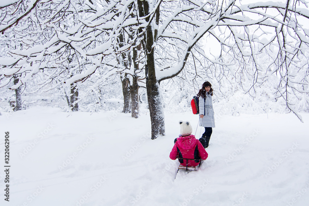 mother and daughter sledding in winter mother and daughter sledding in winter