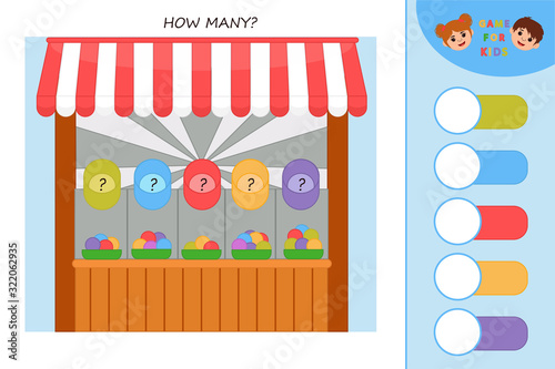 Education logic game for kids development of logic iq. Kids activity sheet. Pyramid of colorful balloons. How many Children funny riddle entertainment