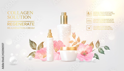 Peony cosmetic label of organic cosmetic and skin care cream. Peonies oil and cream. Moisturizer with Vitamins and Regenerate Cream containes rose essence. Beauty skin care design over pink.