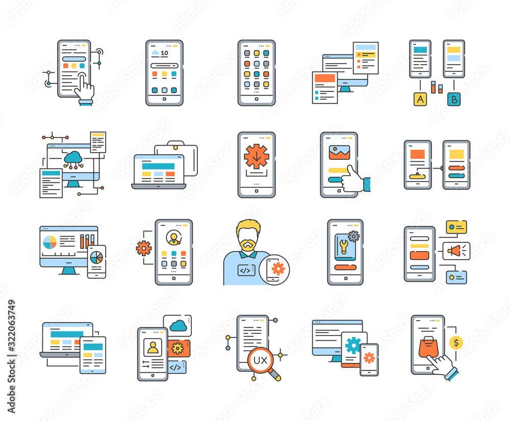 App purchase color line icons set. Creation and programming of applications. UI UX GUI design element. Editable stroke. App purchase color line icons set. Creation and programming of applications. UI UX GUI design element. Editable stroke.