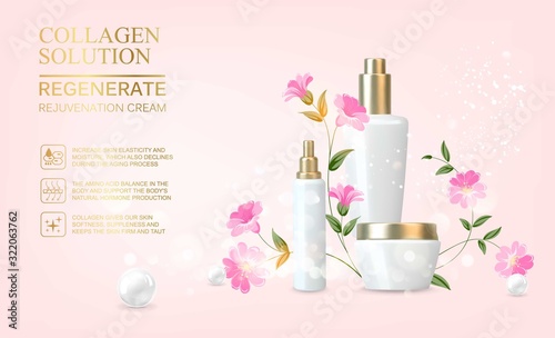 Awesome bouquet of linum flowers and bottle, jar with a regenerate cream for your body. Skin shampoo cosmetics, plastic tube with vitamin complex for spa relax. Flower flax wreath on pink background.