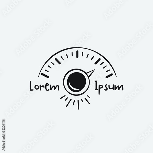 Hand-drawn sketch of a logo for Restaurant or Café. Speedometer and coffee cup as a detector or sensor. From Lorem to Ipsum