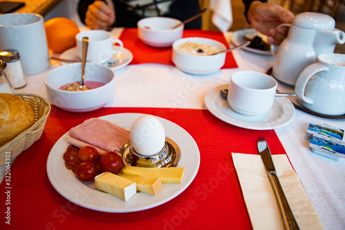hotel breakfast egg toast ham coffee
