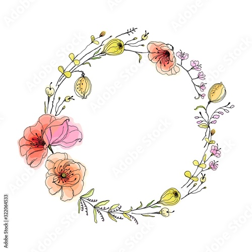 Frame with wildflores and poppies, vector hand drawn illustration in vintage watercolor style.  Summer wreath.