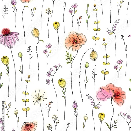 Hand drawn seamless pattern with wildflowers and poppies, colorful illustration in vintage watercolor style. Decorative vector print for your template.