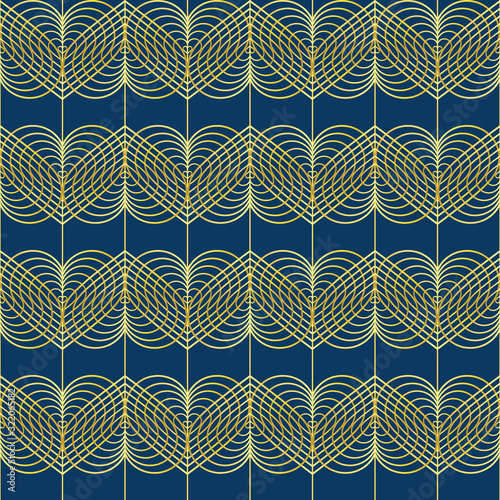 Seamless modern pattern. In vintage art deco style. Isolated golden gradient lines and heart elements on a blue background. For backgrounds, fills, packaging and wallpaper design.