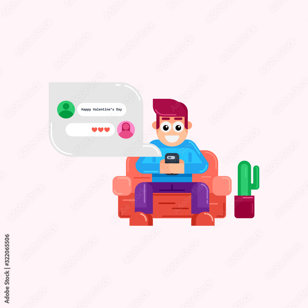 Boy chatting with her girl friend say Happy Valentine's Day. Flat design character. Vector Illustration. Boy chatting with her girl friend say Happy Valentine's Day. Flat design character. Vector Illustration.