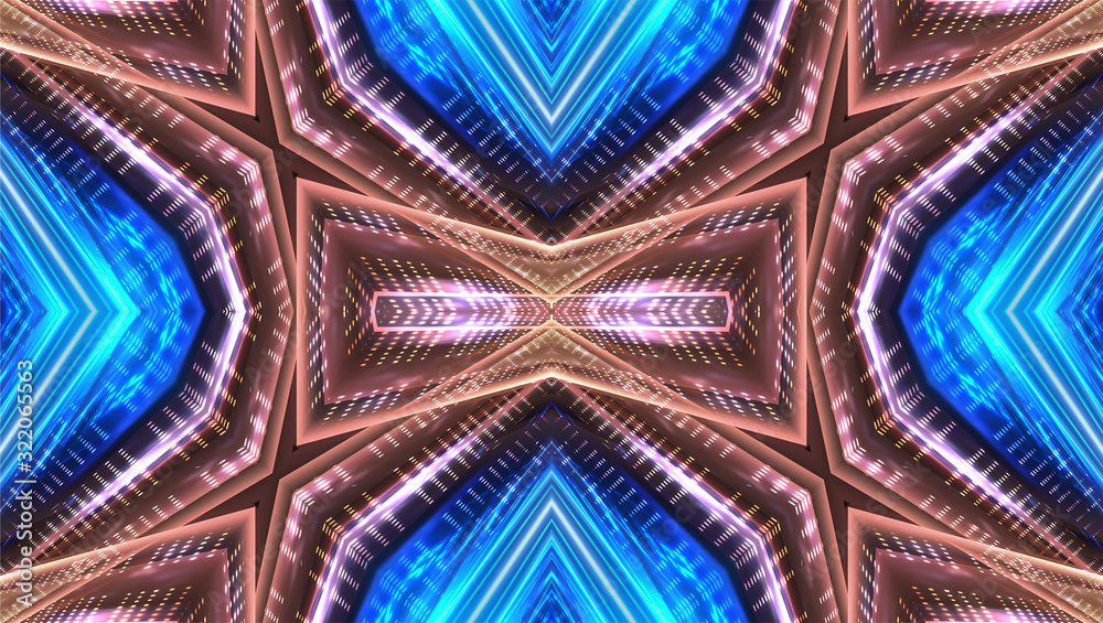 Abstract neon background. Blue neon. Geometric shapes, symmetrical reflection. Abstract neon background. Blue neon. Geometric shapes, symmetrical reflection.