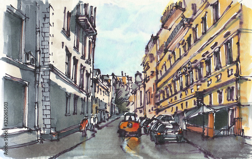 Urban sketch. Drawing markers.