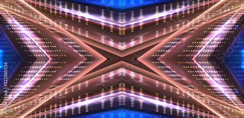 Abstract neon background. Blue neon. Geometric shapes  symmetrical reflection.