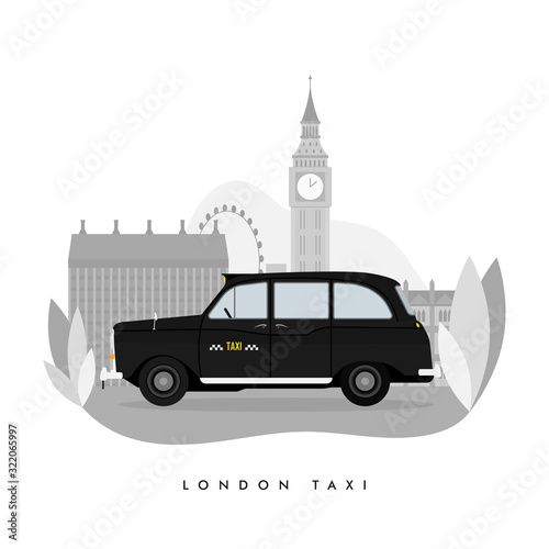 Vector modern flat design web icon on commercial transport London classic black taxi cab, isolated, side view. Retro hackney carriage black taxi automobile. London street big ben background