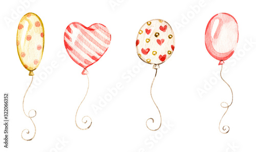 Balloons in watercolor style on white background. Birthday nursery anniversary set. Watercolour art illustration. Happy birthday design. Holiday background. Happy birthday card. Birthday ballon set.