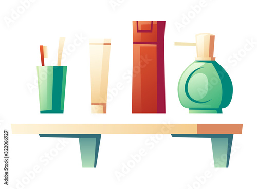 Bathroom shelf with cosmetic products for beauty and body care. Vector cartoon set of shampoo bottle, soap, tube with toothpaste and brush isolated on white background