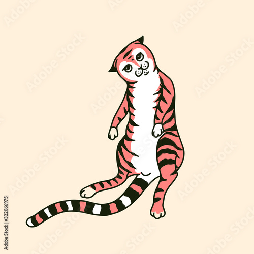 Dancing cat. Meow power. Funny Cute pet. Hand drawn engraved kitty sketch for logo or label or banner or t-shirt. Monochrome Vector illustration in outline vintage doodle style.