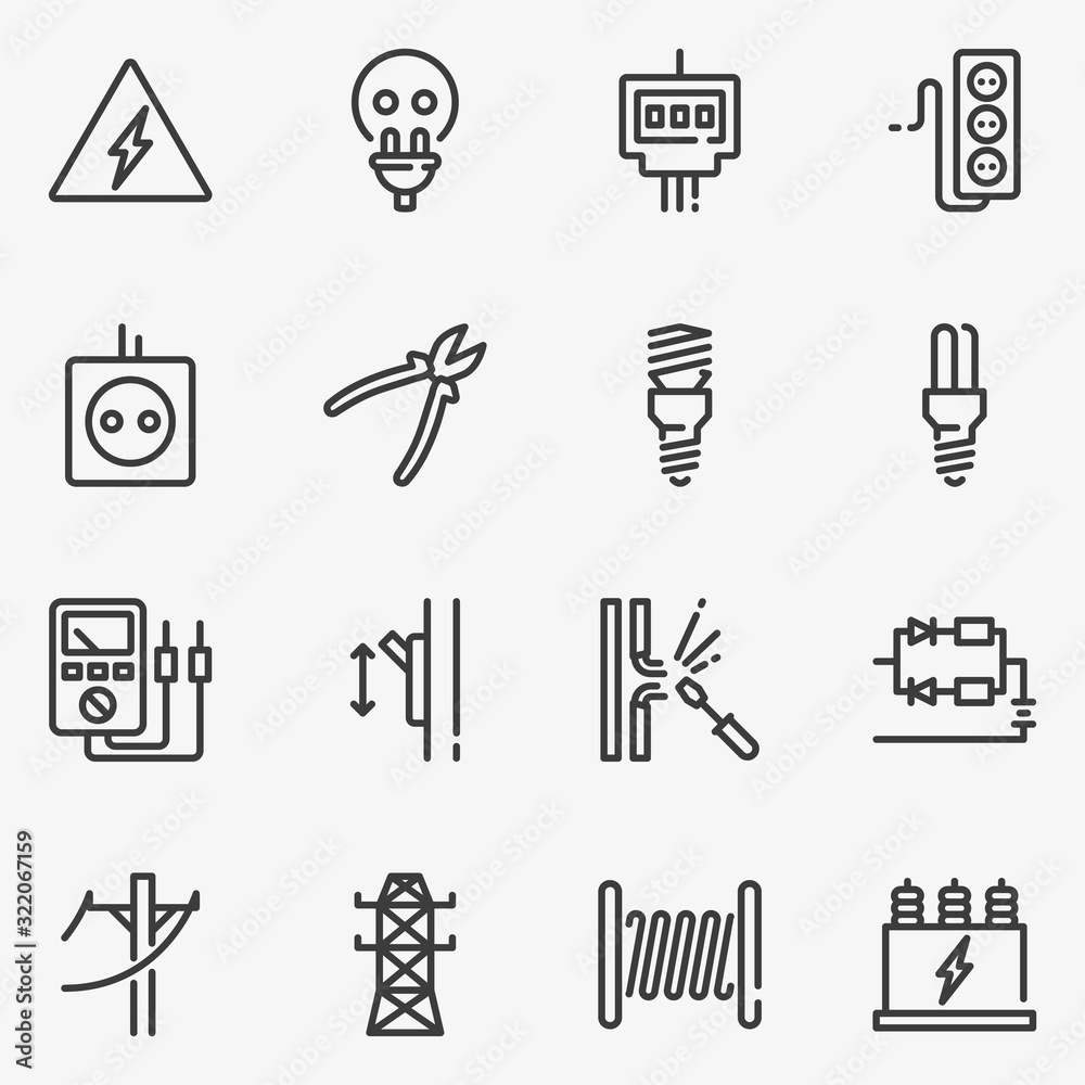 Fototapeta premium Set of electricity line black and white vector icon.