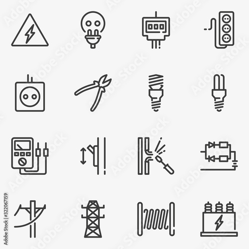 Set of electricity line black and white vector icon.