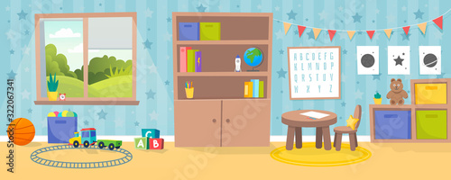 Kindergarten or kid room interior vector illustration. Empty cartoon background with child toys, tables and drawer boxes. Modern room with furniture, sunlight from window and toys for kids.