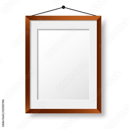 Realistic wooden photo frame mockup. Wall picture design